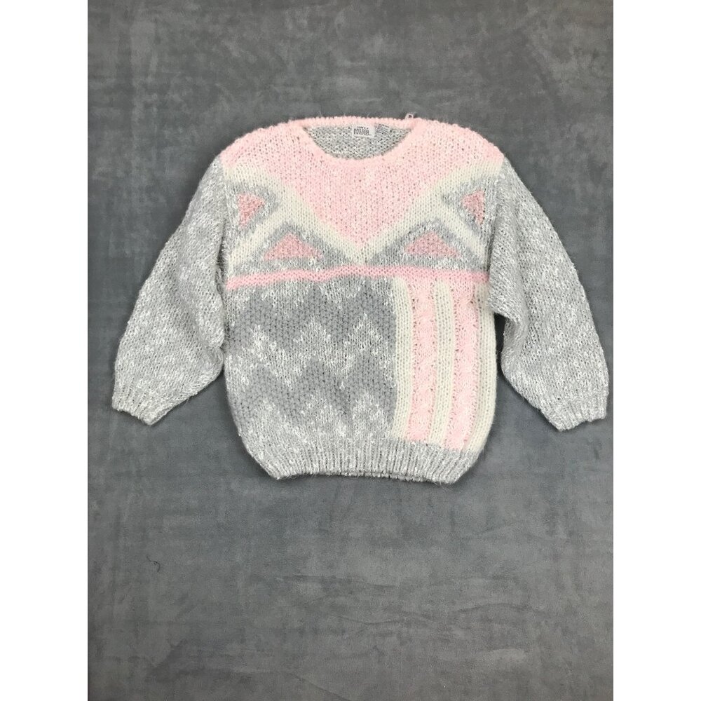 VTG Here's a Hug Acrylic Sweater Womens L Pink Gray Graphic Made in Hong Kong